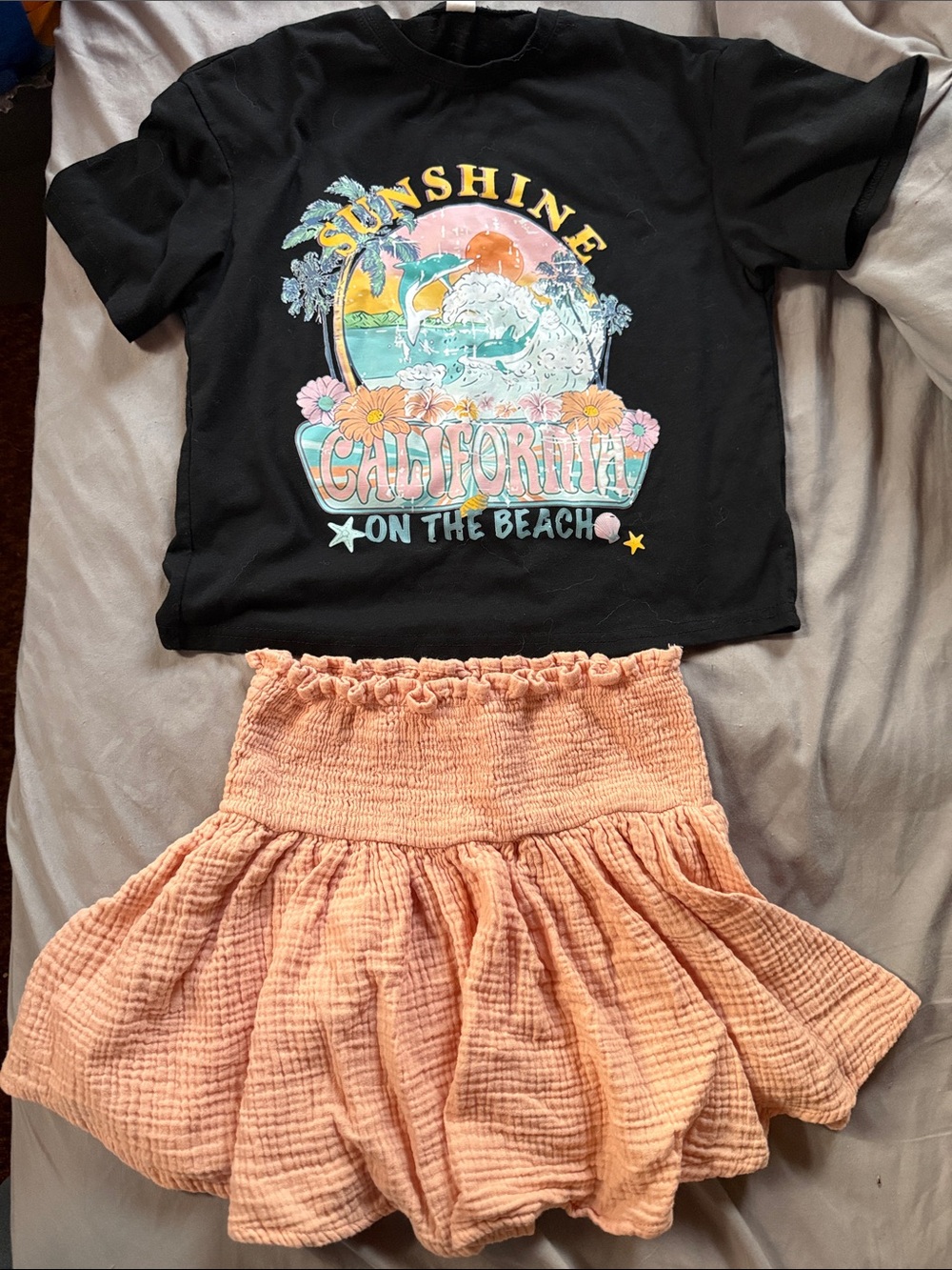 Forever 21 Girls Peach Crinkle Smocked Ruffle Skirt with top to match